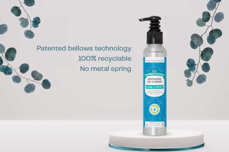 Fully recyclable cosmetic pump, no metal spring, patented bellows technology.